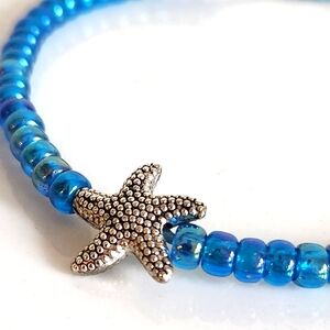 Teal Blue Handmade Adjustable Glass Bead Bracelet with Sterling Silver Starfish